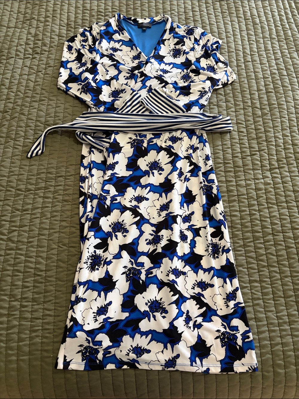 The Limited Blue, White & Black Floral Wrap Dress with Striped Belt